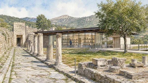 Sepino and Saepinum: Complete Guide 9 Original documentary watercolour of The Saepinum museum: objects returned to their contexts in Sepino, Saepinum and the Tammaro · Molise, showing accurate architecture, landscape and present-day use