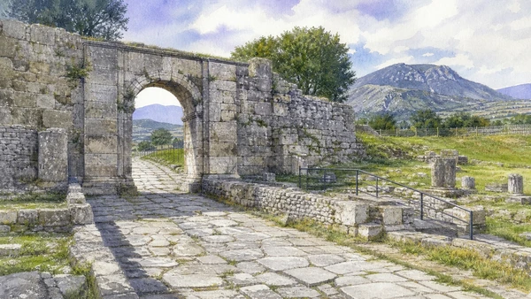 Sepino and Saepinum: Complete Guide 8 Original documentary watercolour of Porta Benevento: the town opens southeast in Sepino, Saepinum and the Tammaro · Molise, showing accurate architecture, landscape and present-day use