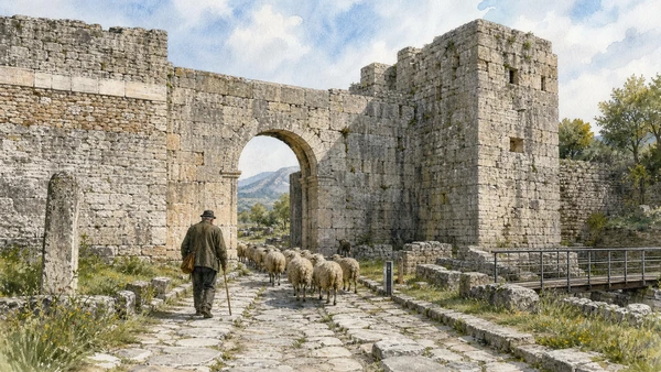 Sepino and Saepinum: Complete Guide 3 Original documentary watercolour of Porta Bojano: road, inscription and pastoral traffic in Sepino, Saepinum and the Tammaro · Molise, showing accurate architecture, landscape and present-day use