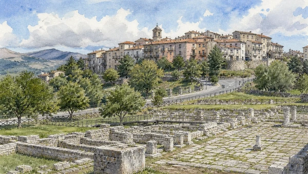 Sepino and Saepinum: Complete Guide 11 Original documentary watercolour of Sepino: the later town above the archaeological plain in Sepino, Saepinum and the Tammaro · Molise, showing accurate architecture, landscape and present-day use