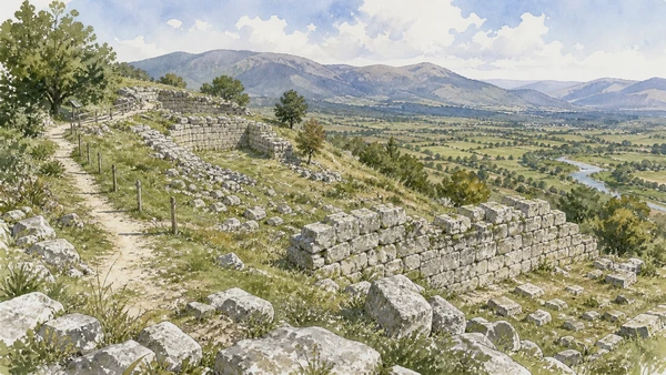 Sepino and Saepinum: Complete Guide 2 Original documentary watercolour of Terravecchia: the Samnite enclosure above Sepino in Sepino, Saepinum and the Tammaro · Molise, showing accurate architecture, landscape and present-day use