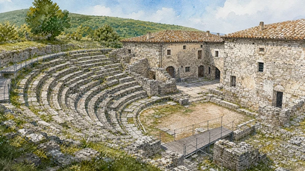 Sepino and Saepinum: Complete Guide 6 Original documentary watercolour of The theatre: Roman seating inside a later farm court in Sepino, Saepinum and the Tammaro · Molise, showing accurate architecture, landscape and present-day use