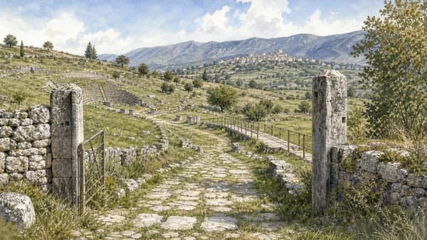 Sepino and Saepinum: Complete Guide 10 Original documentary watercolour of The Pescasseroli–Candela tratturo: a road through the town in Sepino, Saepinum and the Tammaro · Molise, showing accurate architecture, landscape and present-day use