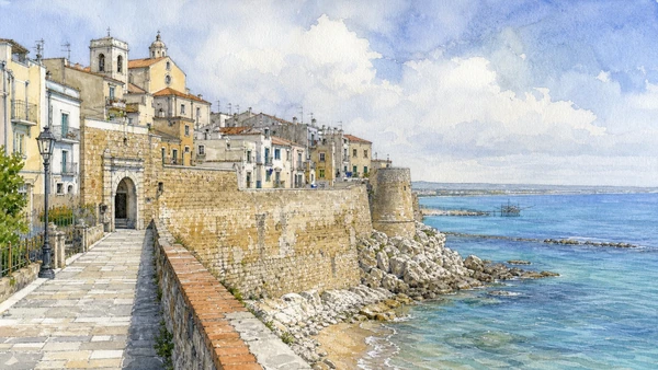 Termoli and the Adriatic Coast: Complete Guide 2 Original documentary watercolour of Termoli’s walled borgo: an inhabited promontory in Termoli and the Adriatic coast · Molise, showing accurate architecture, landscape and present-day use