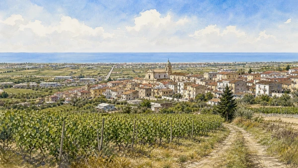 Termoli and the Adriatic Coast: Complete Guide 9 Original documentary watercolour of Campomarino: Arbëreshë memory between vines and sea in Termoli and the Adriatic coast · Molise, showing accurate architecture, landscape and present-day use