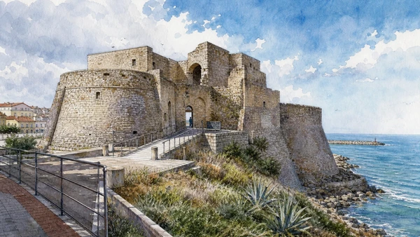 Termoli and the Adriatic Coast: Complete Guide 4 Original documentary watercolour of The Swabian Castle: a compact machine at the town edge in Termoli and the Adriatic coast · Molise, showing accurate architecture, landscape and present-day use