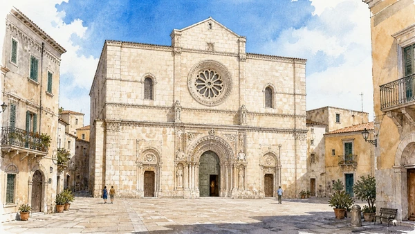 Termoli and the Adriatic Coast: Complete Guide 3 Original documentary watercolour of San Basso Cathedral: Romanesque layers near the cliff in Termoli and the Adriatic coast · Molise, showing accurate architecture, landscape and present-day use