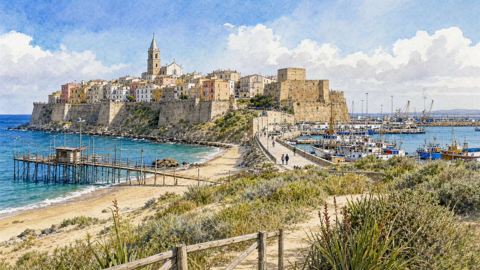 Termoli and the Adriatic Coast: Complete Guide 1 Original documentary watercolour panorama for Termoli and the Adriatic Coast: Complete Guide, with accurate Molisian architecture, landscape and lived context