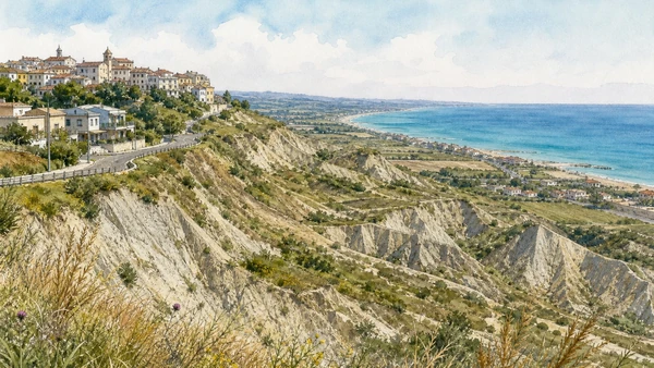 Termoli and the Adriatic Coast: Complete Guide 11 Original documentary watercolour of Montenero di Bisaccia: clay hills above the northern shore in Termoli and the Adriatic coast · Molise, showing accurate architecture, landscape and present-day use
