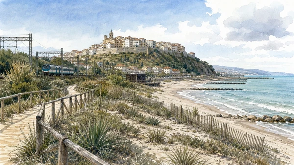 Termoli and the Adriatic Coast: Complete Guide 8 Original documentary watercolour of Petacciato Marina: dune edge below the hill town in Termoli and the Adriatic coast · Molise, showing accurate architecture, landscape and present-day use