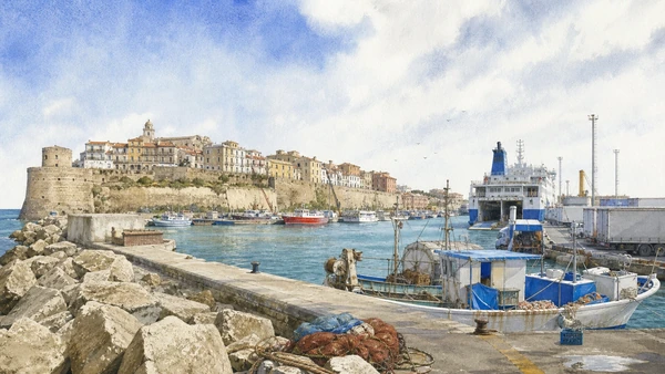 Termoli and the Adriatic Coast: Complete Guide 6 Original documentary watercolour of Termoli port: ferries, fishing and logistics in Termoli and the Adriatic coast · Molise, showing accurate architecture, landscape and present-day use