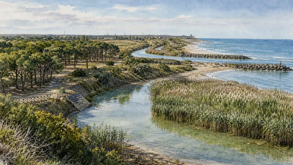 Termoli and the Adriatic Coast: Complete Guide 10 Original documentary watercolour of Ramitelli wood and the Biferno mouth: a fragile coastal margin in Termoli and the Adriatic coast · Molise, showing accurate architecture, landscape and present-day use