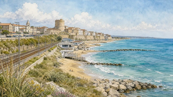 Termoli and the Adriatic Coast: Complete Guide 7 Original documentary watercolour of Rio Vivo and Sant’Antonio: two urban beaches in Termoli and the Adriatic coast · Molise, showing accurate architecture, landscape and present-day use