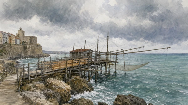 Termoli and the Adriatic Coast: Complete Guide 5 Original documentary watercolour of The trabucco: fishing architecture under weather in Termoli and the Adriatic coast · Molise, showing accurate architecture, landscape and present-day use