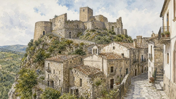 Tratturi and Samnite Villages: Complete Guide 9 Original documentary watercolour of Bagnoli del Trigno: two levels beneath the castle in Tratturi and the central Sannio · Molise, showing accurate architecture, landscape and present-day use