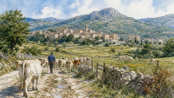 Tratturi and Samnite Villages: Complete Guide 11 Original documentary watercolour of Carovilli and Staffoli: pasture still in motion in Tratturi and the central Sannio · Molise, showing accurate architecture, landscape and present-day use