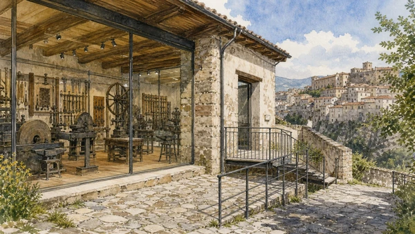 Tratturi and Samnite Villages: Complete Guide 4 Original documentary watercolour of The cutting-tools museum: technique, labour and market in Tratturi and the central Sannio · Molise, showing accurate architecture, landscape and present-day use