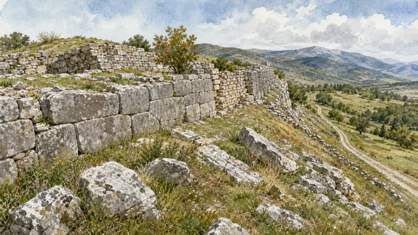 Tratturi and Samnite Villages: Complete Guide 6 Original documentary watercolour of Duronia and the polygonal walls: a ridge above the tratturo in Tratturi and the central Sannio · Molise, showing accurate architecture, landscape and present-day use