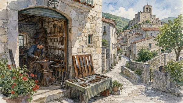 Tratturi and Samnite Villages: Complete Guide 3 Original documentary watercolour of Frosolone: blade craft in an inhabited stone town in Tratturi and the central Sannio · Molise, showing accurate architecture, landscape and present-day use