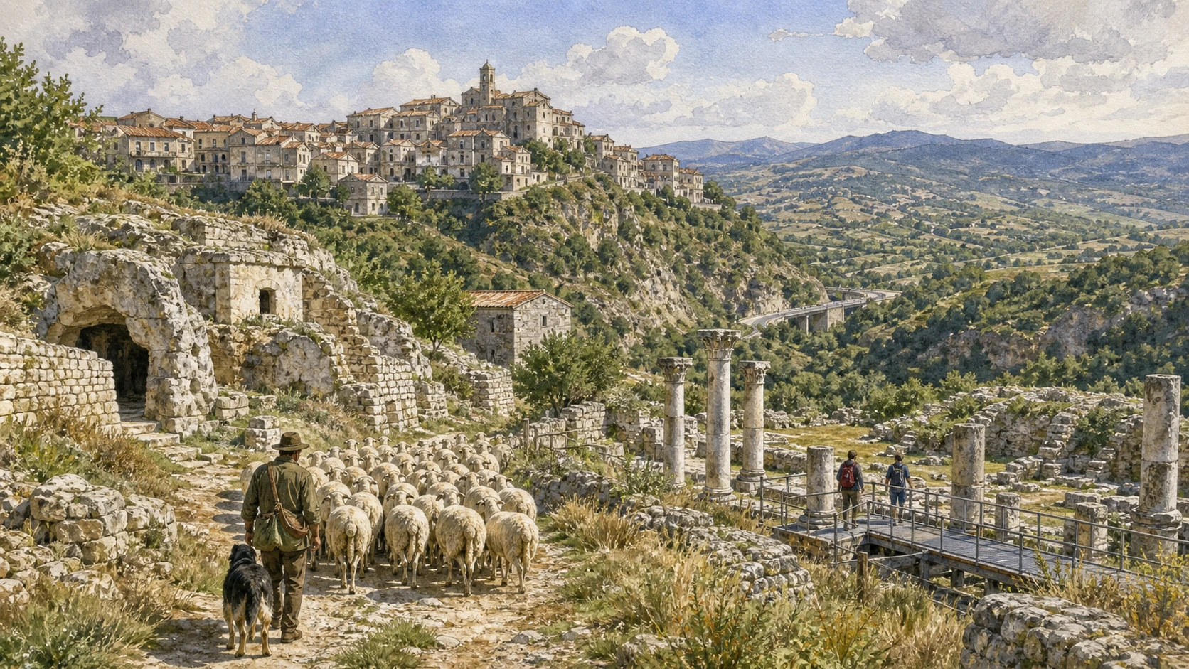 Tratturi and Samnite Villages: Complete Guide 1 Original documentary watercolour panorama for Tratturi and Samnite Villages: Complete Guide, with accurate Molisian architecture, landscape and lived context