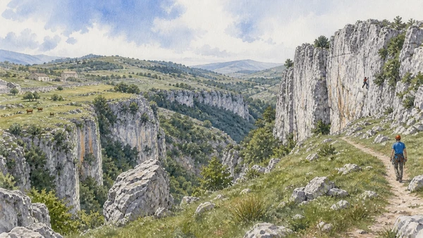 Tratturi and Samnite Villages: Complete Guide 5 Original documentary watercolour of The Morge of Frosolone: limestone, climbing and pasture in Tratturi and the central Sannio · Molise, showing accurate architecture, landscape and present-day use