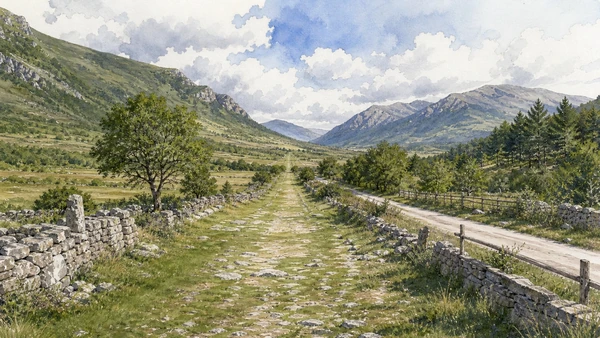 Tratturi and Samnite Villages: Complete Guide 2 Original documentary watercolour of Pescasseroli–Candela: the royal tratturo as a wide landscape in Tratturi and the central Sannio · Molise, showing accurate architecture, landscape and present-day use