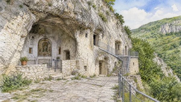 Tratturi and Samnite Villages: Complete Guide 8 Original documentary watercolour of Pietracupa: worship and houses inside the rock in Tratturi and the central Sannio · Molise, showing accurate architecture, landscape and present-day use