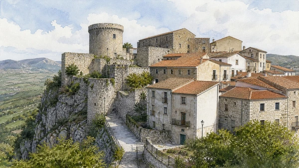 Tratturi and Samnite Villages: Complete Guide 7 Original documentary watercolour of Torella del Sannio: castle and houses on a working ridge in Tratturi and the central Sannio · Molise, showing accurate architecture, landscape and present-day use