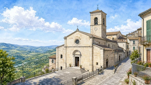 Tratturi and Samnite Villages: Complete Guide 10 Original documentary watercolour of Trivento Cathedral and crypt: a diocesan centre above the Trigno in Tratturi and the central Sannio · Molise, showing accurate architecture, landscape and present-day use