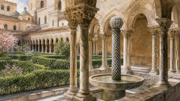 Documentary watercolour of Monreale's cloister fountain corner with paired mosaic-inlaid columns, carved capitals, circular basin and green monastic garden