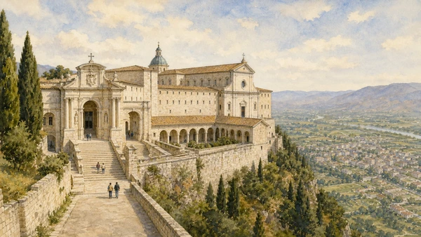 Original documentary watercolour of the reconstructed Montecassino Abbey on its summit showing the entrance cloisters, basilica mass and Liri valley below without presenting the fabric as untouched medieval work