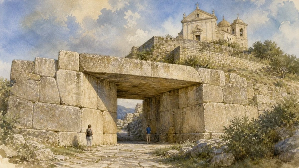Original documentary watercolour of Alatri's Porta Maggiore and polygonal walls showing fitted limestone blocks, the monolithic lintel and the cathedral terrace above without mythical giants