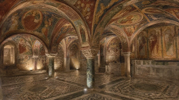 Original documentary watercolour inside the Crypt of San Magno in Anagni showing the low painted vaults, medieval fresco cycles and Cosmatesque floor with subdued conservation lighting