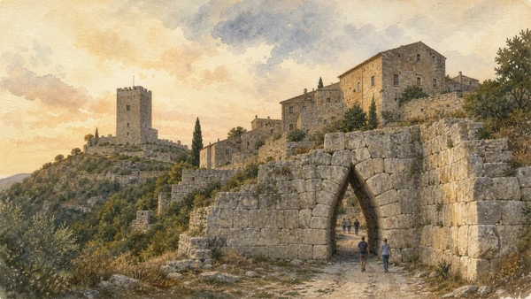 Original documentary watercolour of Arpino Civitavecchia showing the pointed gate within polygonal walls and the separate medieval Torre di Cicerone on the ridge