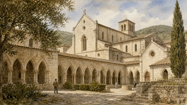 Original documentary watercolour of Casamari Abbey showing the Cistercian cloister, pointed limestone church and chapter-house openings in restrained natural light