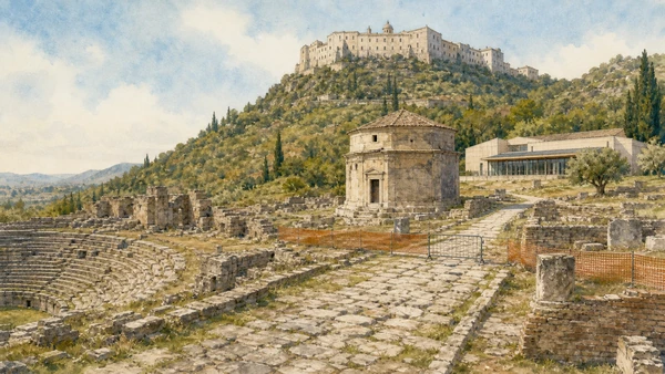 Original documentary watercolour of the quiet Casinum archaeological area showing the amphitheatre, Roman road, mausoleum and museum work closure with no visitors inside restricted zones