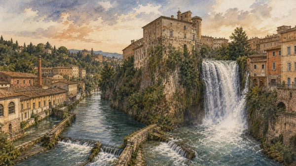 Original documentary watercolour of Isola del Liri showing the Cascata Grande, Boncompagni Viscogliosi castle, river branches and former industrial mills within the historic centre