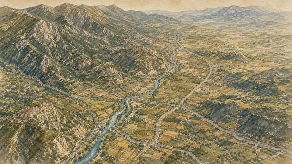 Original documentary watercolour map-like landscape of Ciociaria showing the Sacco and Liri valleys, Monti Ernici, hill towns, cultivated plains and roads without fixed historical borders