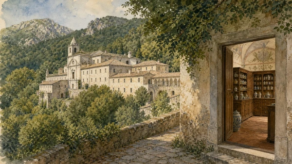 Original documentary watercolour of the Charterhouse of Trisulti in the Monti Ernici combining the wooded monastery exterior with an accurate restrained view of the historic pharmacy cabinetry