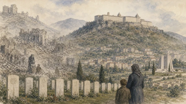 Original documentary watercolour memorial landscape of Monte Cassino showing restrained traces of the ruined abbey and town, cemetery markers and the rebuilt city without depicting combat spectacle