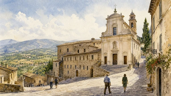 Montefalco: Renaissance Frescoes and Sagrantino Landscape 9 Original documentary watercolour showing Sanctuary of Santa Chiara della Croce in its Montefalco urban or landscape context