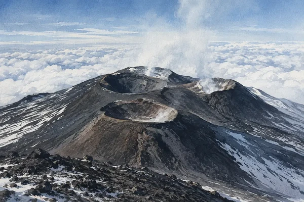 Etna: Volcano, Science and Living Slopes 2 Watercolour view of the summit crater system of Mount Etna above the clouds