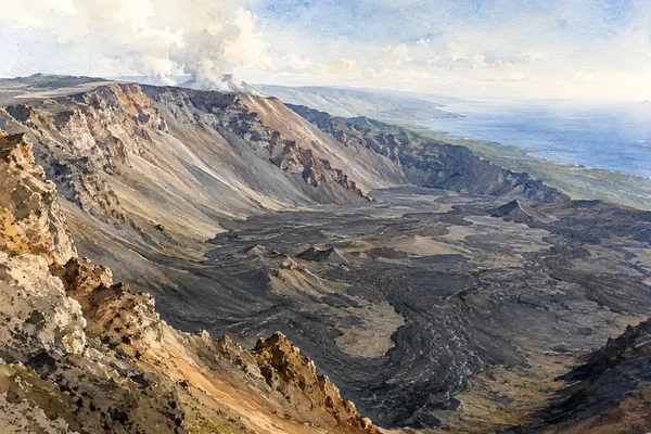 Etna: Volcano, Science and Living Slopes 3 Watercolour panorama across the lava floor and steep walls of Valle del Bove