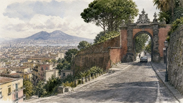 Original documentary watercolour of Arrival at Capodimonte: the museum begins with the climb in Naples, showing architecture, people and present-day urban context