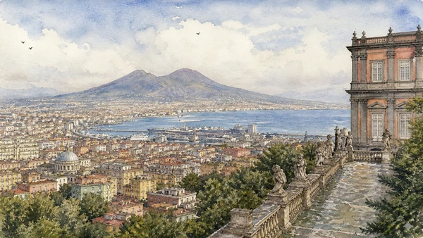Original documentary watercolour of The view from Capodimonte: museum, city and volcano in Naples, showing architecture, people and present-day urban context