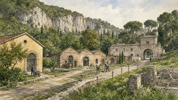 Original documentary watercolour of Buildings in the Bosco: work behind the royal image in Naples, showing architecture, people and present-day urban context