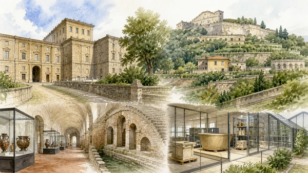 Original documentary watercolour of The Farnese collection: dynastic inheritance remade in Naples in Naples, showing architecture, people and present-day urban context