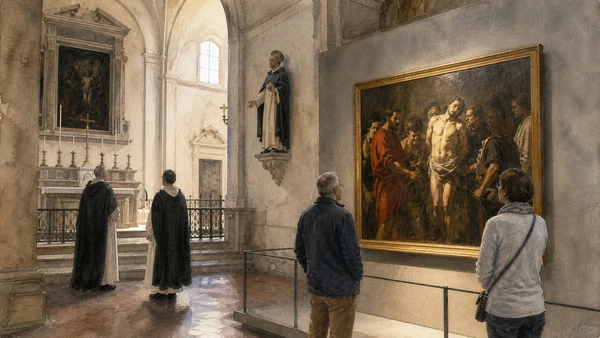 Original documentary watercolour of Caravaggio's Flagellation: a church commission in museum care in Naples, showing architecture, people and present-day urban context