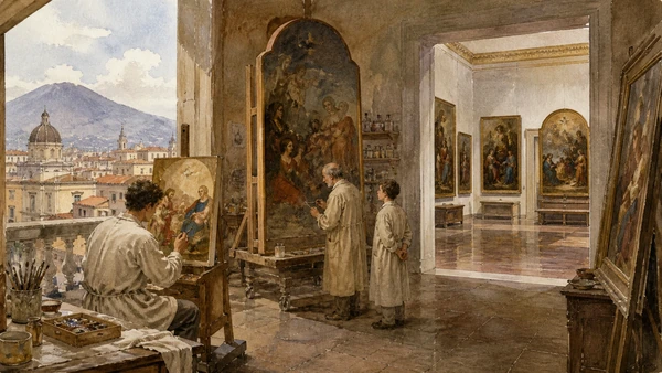 Original documentary watercolour of Neapolitan painting: city, workshop and patronage in Naples, showing architecture, people and present-day urban context