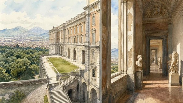 Original documentary watercolour of The Royal Palace: collection architecture on a vast scale in Naples, showing architecture, people and present-day urban context